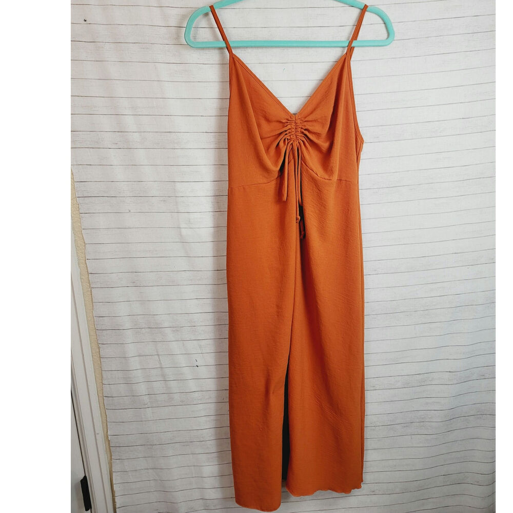 SEE YOU MONDAY SATIN SLIP MIDI DRESS IN ORANGE, SZ XL